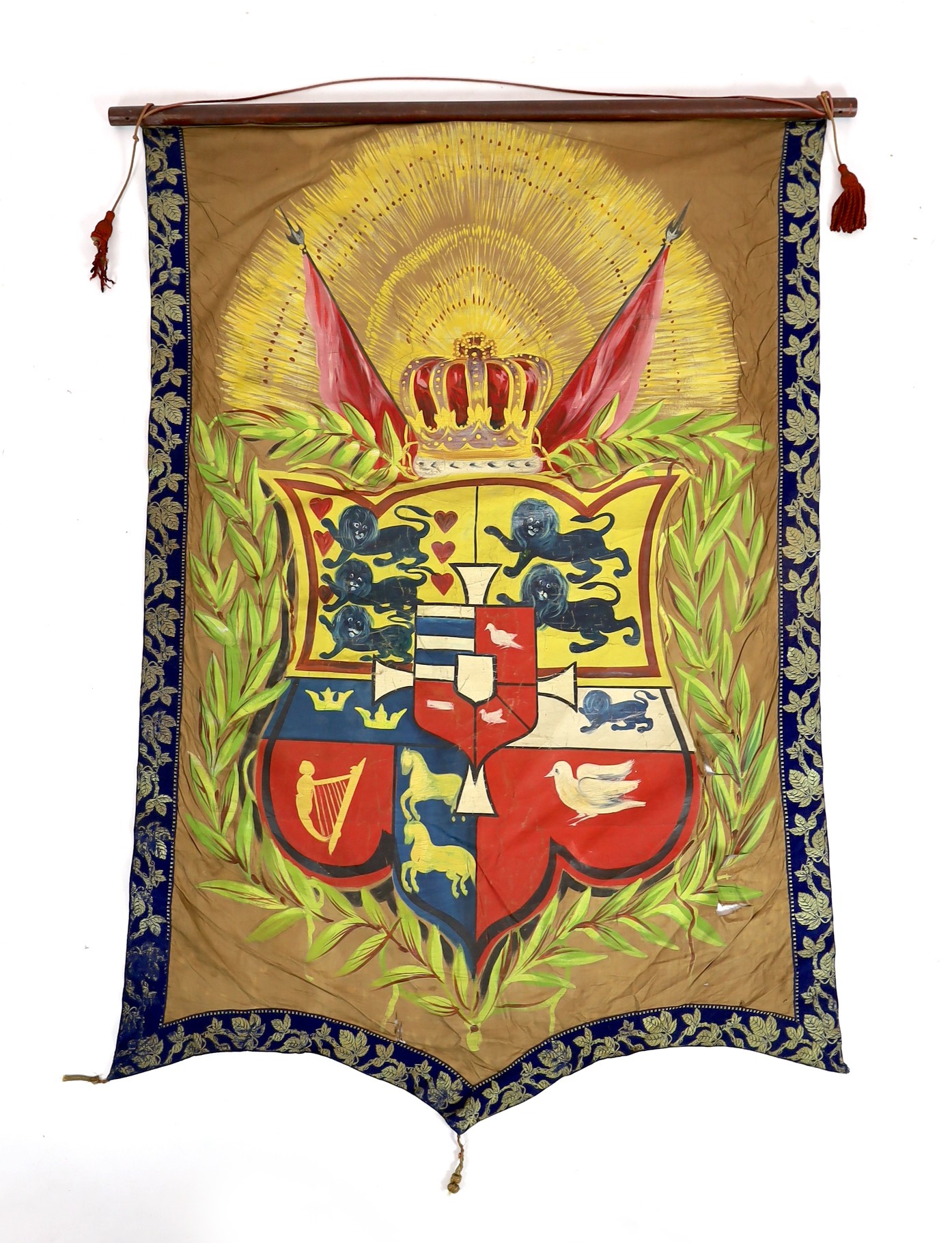 Nine mid 19th century Royal heraldic banners, each approximately 150cms x 50cm